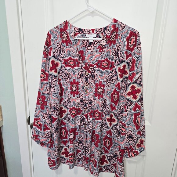 Charter Club Blouse Pintuck Top Red White Blue Geometric Plus Size 3X - Picture 1 of 7